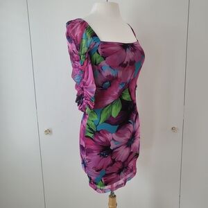 Black Halo Fang Floral Ruched Sleeve Bodycon Minidress Pink Purple Mesh Small